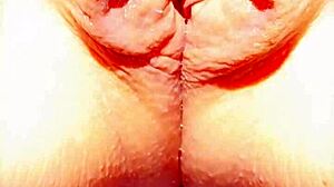 mature wife spreads her huge shaved pussy lips wide outdoors flashing wet