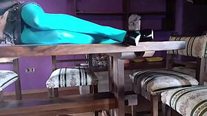 milf's pantyhose legs spread wide on desk