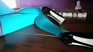 milf's pantyhose legs spread wide on desk