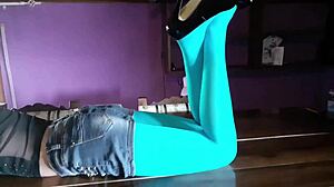 milf's pantyhose legs spread wide on desk