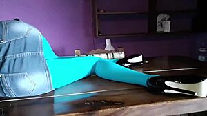 milf's pantyhose legs spread wide on desk