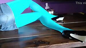 milf's pantyhose legs spread wide on desk