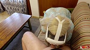 Stepmom masturbates in vr glasses as stepson pounds her gaping ass creampie