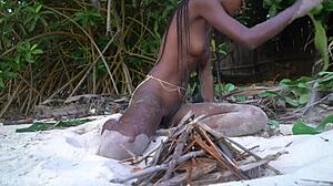 skinny african girl cooks medicine naked for grandma in forest