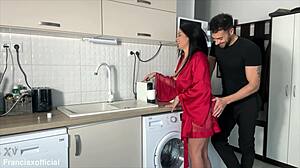 tired wife comes home, deepthroats hubby's cock, swallows full cum load rough
