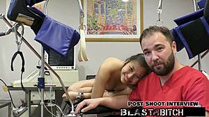 Patient Raya Nguyen kneels to suck doctor's throbbing cock then spreads for deep missionary pounding