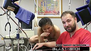 Patient Raya Nguyen kneels to suck doctor's throbbing cock then spreads for deep missionary pounding