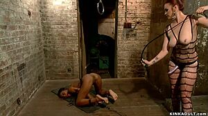 Latex lezdom whips bound ebony slave ass!