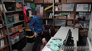 Teen gets caught for petty theft and ends up in mirror blowjob scene with granny police uniform interracial style.