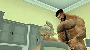 lucky neighbor bends over kitchen for muscled hunk's big cock