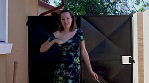 Petite Brunette Neighbor Smokes and Exposes Big Tits Outdoors