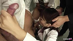 Japanese Teen Secretary Seduces Old Co-Workers for Office Blowbang Cum Mouth