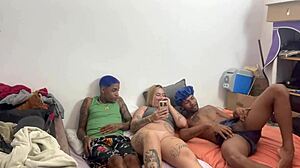 tattooed hottie double penetrated fully in red room