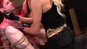 bound lesbian sub gagged deepthroats mistress strapon in bdsm 3some