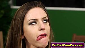 spoon-fed jizz drenches british babe's cum-hungry face