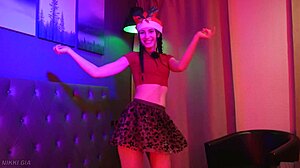 Curvy Brunette Dances in Miniskirt Dress Long Hair Small Tits Christmas Song
