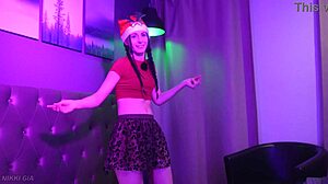 Curvy Brunette Dances in Miniskirt Dress Long Hair Small Tits Christmas Song
