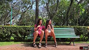 girls flash panties lure guys for public park sex