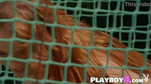 hey petite redhead kate great poses her small tits on bridge