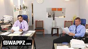 stepdads swap horny teen stepdaughters in office orgy