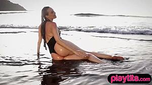 Oh god, big-ass german babe rips clothes exposing juicy tits on beach!