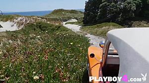 Big tits blonde milf poses naked outdoors stripping huge fake boobs