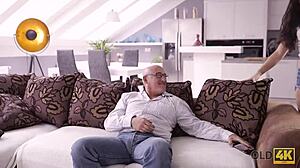 old guy hooks up with cute young teen in luxury pad