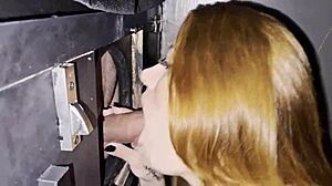 brazilian wife shoves soft cock in swingers gloryhole booth