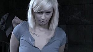 restrained tattooed sub's nipples whipped closeup by maledom bondage