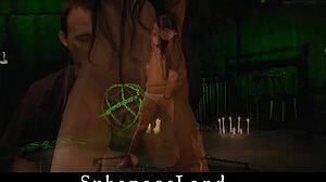 Ass plugged teen slave gulps cum after rough bondage throat fuck!