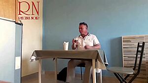 naked waitress serves from navel... guest devours her curves!