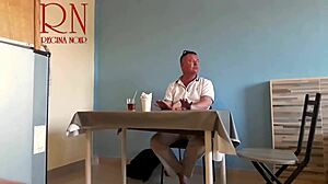 naked waitress serves from navel... guest devours her curves!