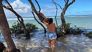 two sexy brazilians kiss big asses beachside