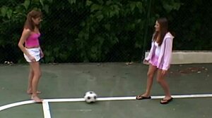 Lesbian babes ram big dildo