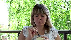 chubby milf's fat belly jiggles in outdoor mukbang food fetish asmr