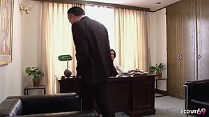 Redhead Secretary Sucks Old Boss Cock In Pantyhose Office
