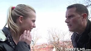 Sexy Czech blonde Bella B licks old cock outdoors nude