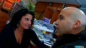 adorable brunette babe picked up in store rides bald guy hard