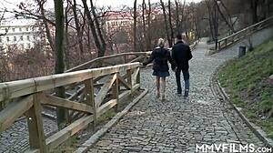 Sexy Czech blonde Bella B licks old cock outdoors nude