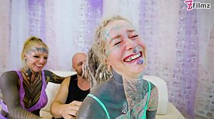 Tattooed Goth Girls' Hardcore Threesome Ends in Gaping Facial Cumshot Orgy