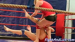 athletic amateur lesbians kiss and lick pussies after intense wrestling match