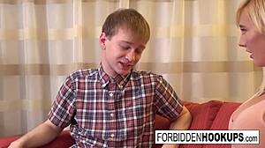 Step-brother's fat cock stretches big boobed babe's mouth and pussy wide!