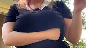 Alt milf neighbor smokes while flashing her thong