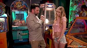 Petite Shaved Teen Chokes on Stepdad's Cock in Arcade Deepthroat