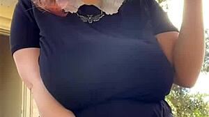 Alt milf neighbor smokes while flashing her thong