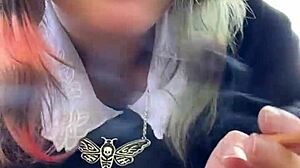 Alt milf neighbor smokes while flashing her thong