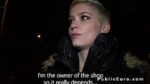 Euro blonde flashes big tits then outdoor fuck pov