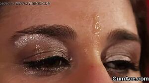 sexy babe begs for bukkake facial swallowing every drop?