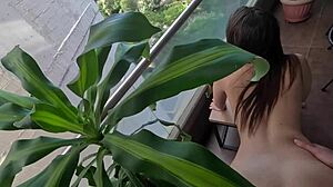 Uncensored 18yo Brunette Fucks on Balcony in Red Sheer Lingerie