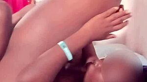 Sexy ebony slut blows Kenyan dick in sheer red early morning